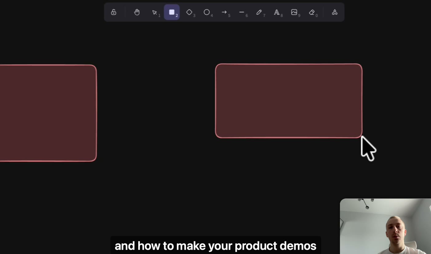 An AfterCut export frame with the caption “and how to make your product demos” and a facecam bubble